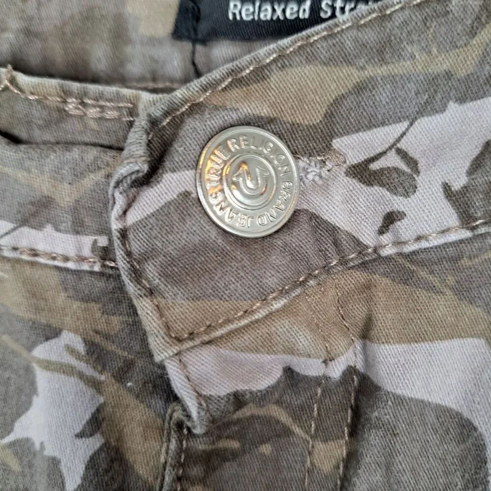 True Religion Boys Camo Cargo Pants in Tan and White with Orange Patch